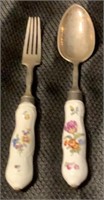 Vintage Silver Fork & Spoon with Porcelain Handles
