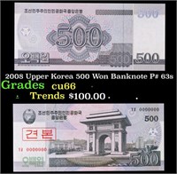 2008 Upper Korea 500 Won Banknote P# 63s Grades Ge