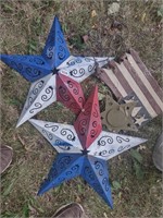 (2) Metal Stars, Wood Flag Art & Gal. Worn Pitcher