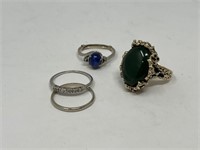 4-Rings Marked 14K, Small Diamonds, Large Green