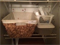 Shelf w/Plastic Organizer Boxes & Wicker Basket
