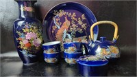 Japanese Cobalt Blue Peacock Teapot, Plate