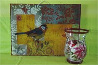 Bird on Curved Glass 8x 6 Rd & Candle Vase 15 x 19