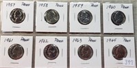 8 Proof Jefferson Nickels 1957-64 in a Sheet