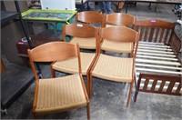 Five MSM Teak Wood Chairs w/Rope Weave Seats