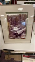 Framed wooded waterfall photograph