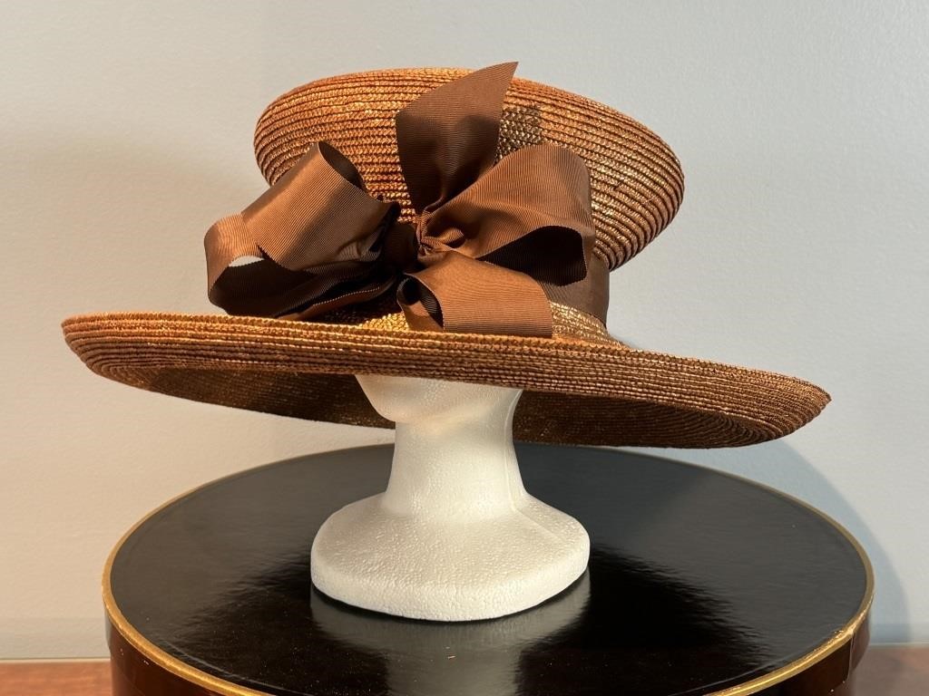 Frank Olive Vintage Brown Woven Hat With Bow