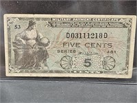 US Military Payment Certificate  5 Cent