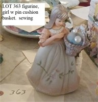 figurine girl w pin cushion basket sewing