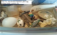 box lot misc figurines, glass egg, perfume bottle