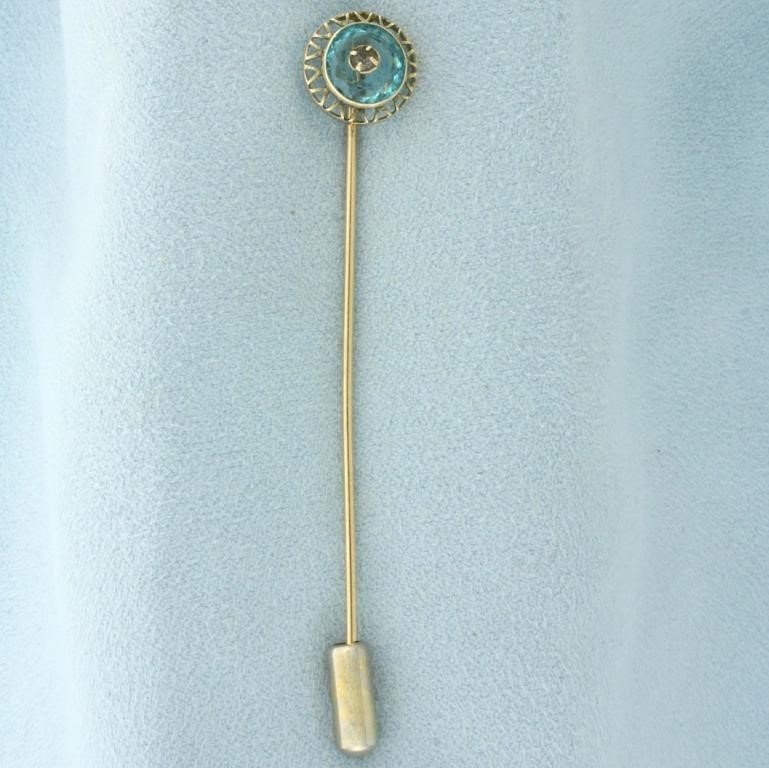 Antique Aquamarine and Diamond Stick Pin in 14k Ye