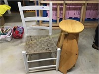 String bottom chair and wood stool