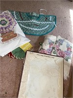 2 box lot fabric, miscellaneous crocheted items,