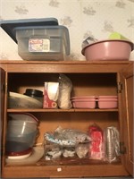 Cabinet lot Kitchen misc incl Plastic Storage,