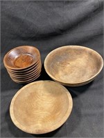 (2) Wooden Dough Bowls (8) Wooden Salad Bowls