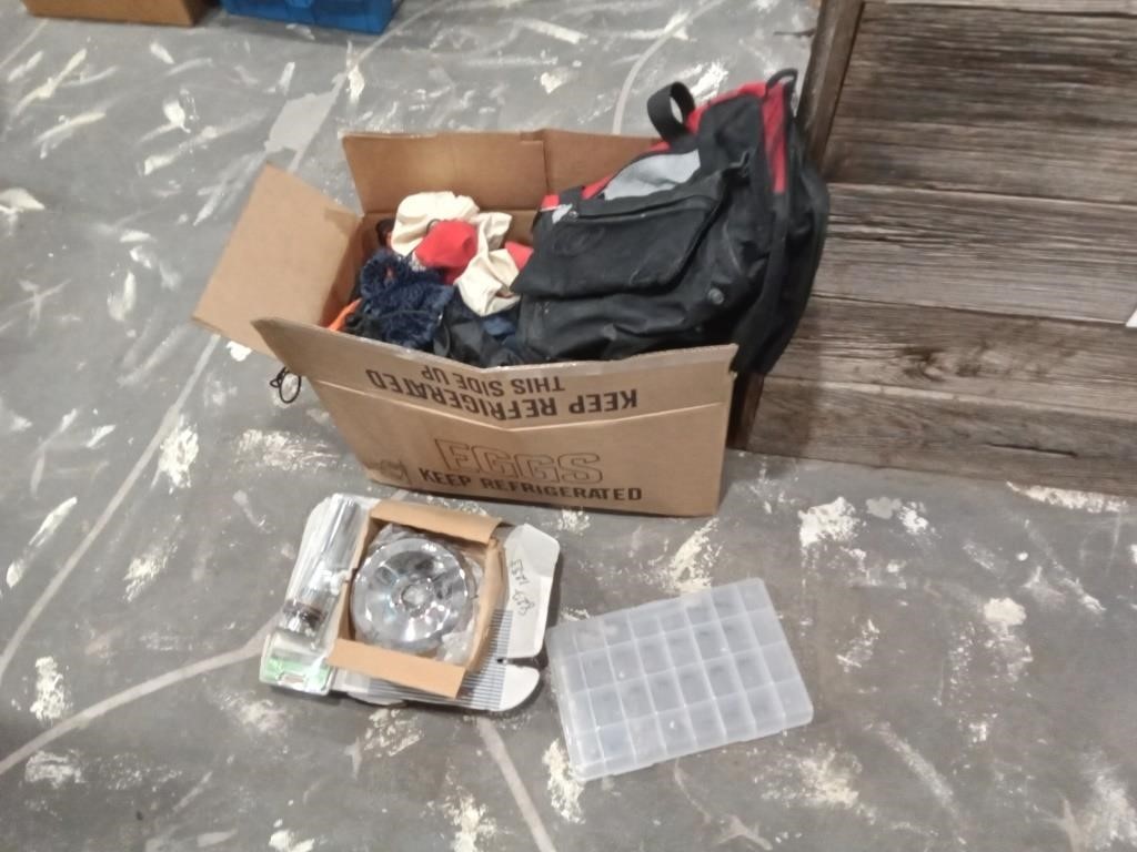 box with backpacks,bags & plumbing items