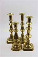 4 ENGLISH VICTORIAN BRASS PUSH UP CANDLE HOLDERS