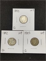 Three antique Barber Silver Dime Coins 1892-1905