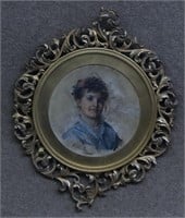 ROUND GOUACHE ON PAPER PORTRAIT OF A WOMAN