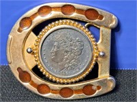 Horseshoe Belt Buckle W/ 1881 Silver Dollar Coin