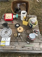 Box of misc. items including: clock, tin cups,