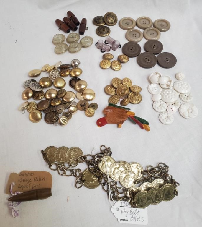 Button Collection, Bullet Lapel Pin, Coin Belt
