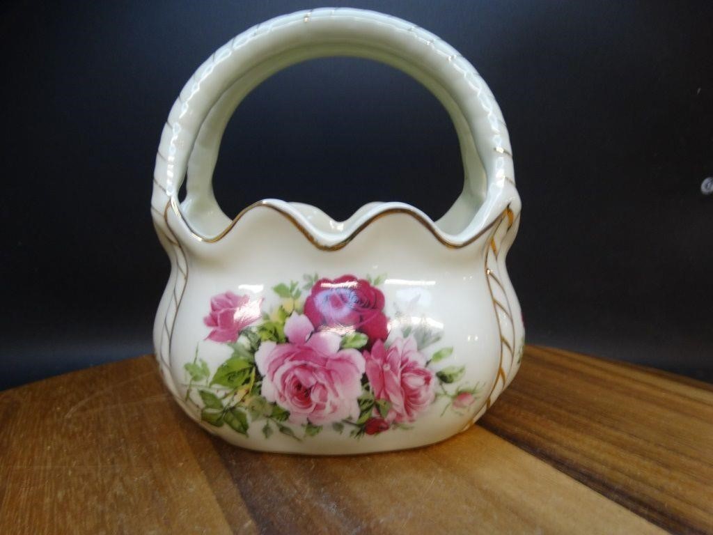 Gold Trimmed Fine China Hand Painted Basket