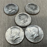 Lot of Five 1964 Kennedy Half Dollars