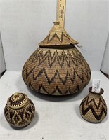 Three African Hand woven grass baskets - 36" D Lid