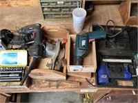 Drills, 1/4” socket set, Braid gun, & other items
