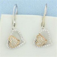 Pave Diamond Heart Dangle Earrings in 14k White an