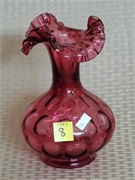 Fenton Cranberry Coin Dot Ruffled Glass Vase