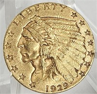 1929-P Indian Head $2.50 Gold Coin VF/XF