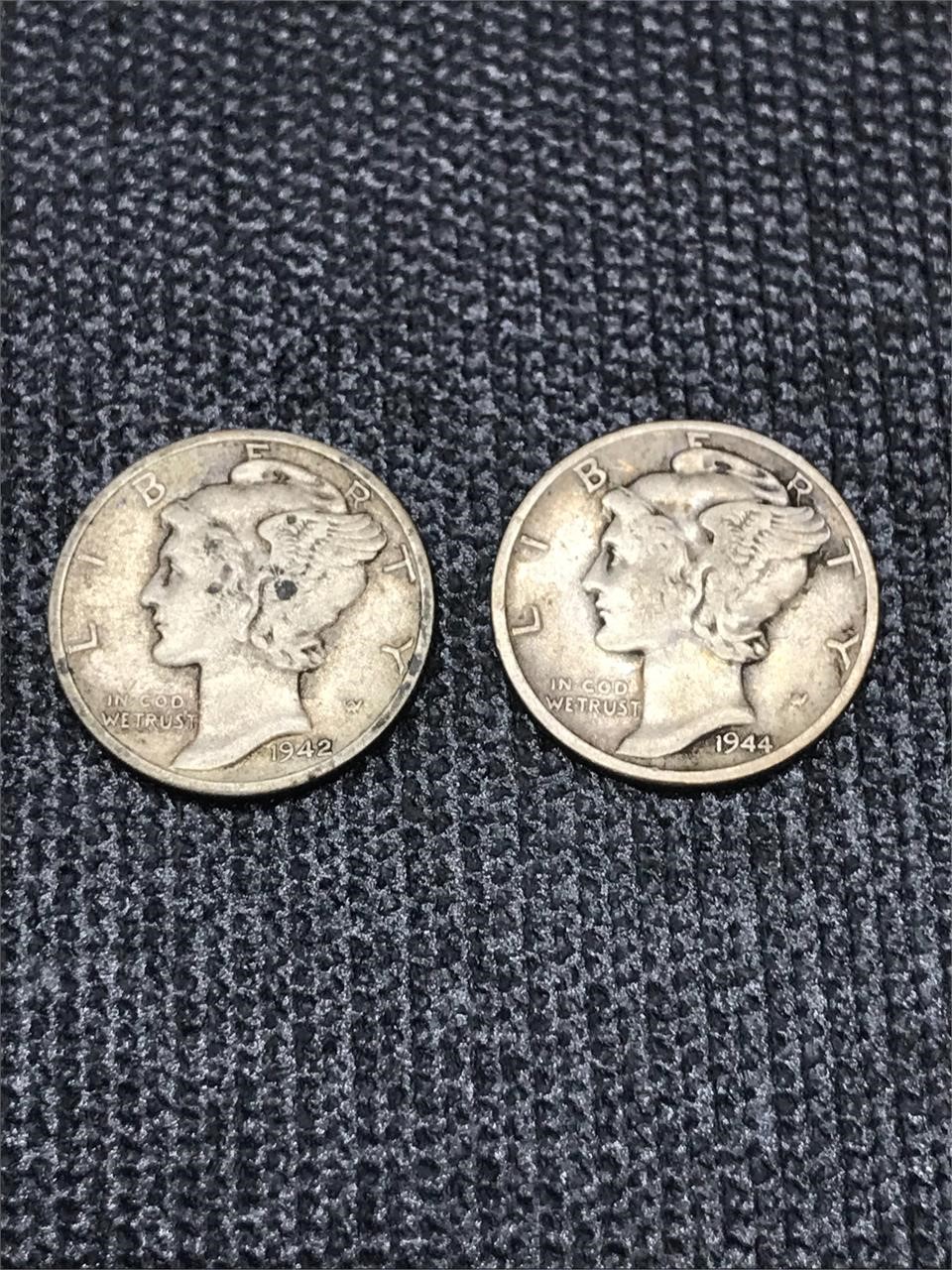 Lot of 2 Mercury Dimes 1944 and 1942