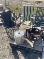 3 folding lawn chairs, small fire pit,