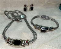 3pc Brighton Jewelry Set: Onyx & Garnet Crystal