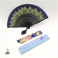 Peacock Feather Folding Fan, Painting Silk Hand Fa