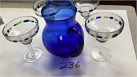 Cobalt blue ball pitcher 8 1/2 inches and four