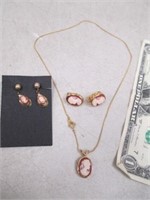 Vintage Cameo Pendant Necklace Earring Set &