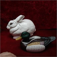 Rabbit cookie jar, duck figure.