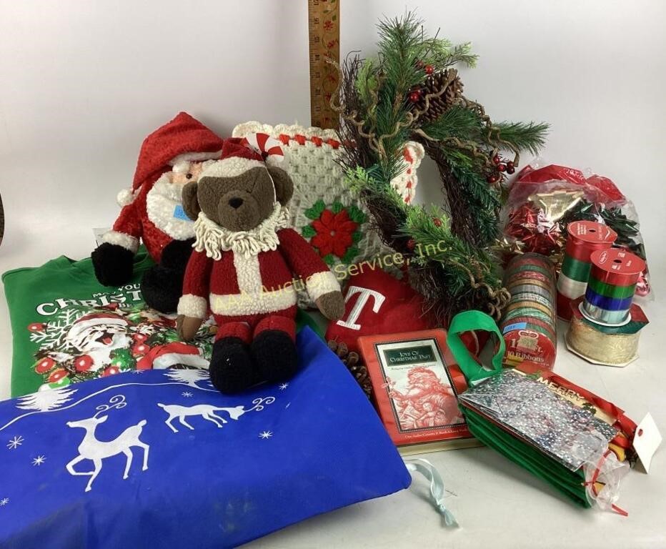 Christmas Decorations including stuffed Santa
