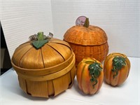 Two 7" Woven Pumpkin Baskets w/Lids Plus...