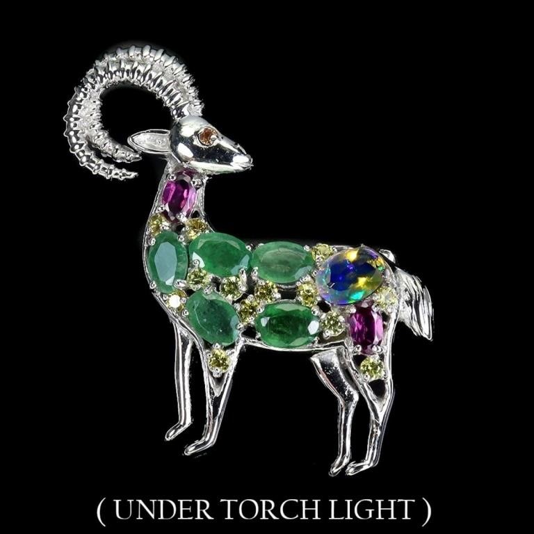 Natural White Opal & Colombian Emerald Goat Brooch