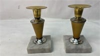 Brass wood marble base pair of candlesticks