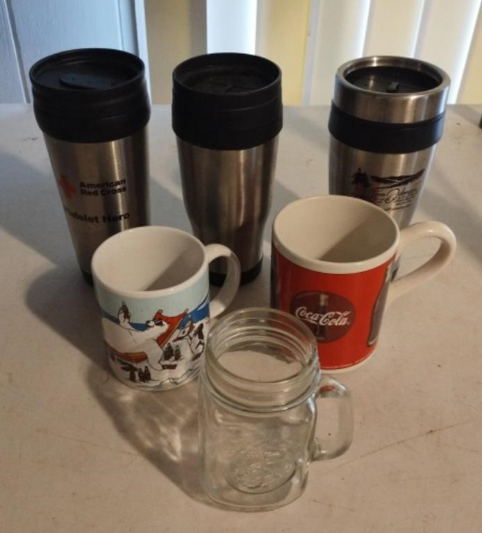Coca-Cola coffee cups, thermos' and a glass mug