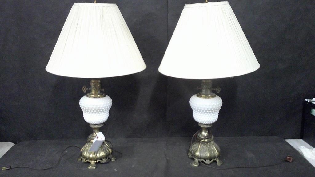 PAIR OF BRASS AND WHITE LAMPS