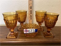 5 piece gold glassware, 4 goblets, 1 bowl