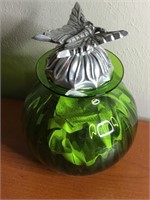 Hand Blown Mexican Green Glass Butterfly Lid Jar