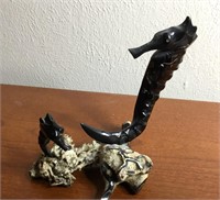 Rare Carved Black Coral Seahorse Family Sculpture