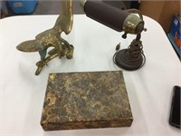 Antique brass Eagle, table lamp, and cashbox